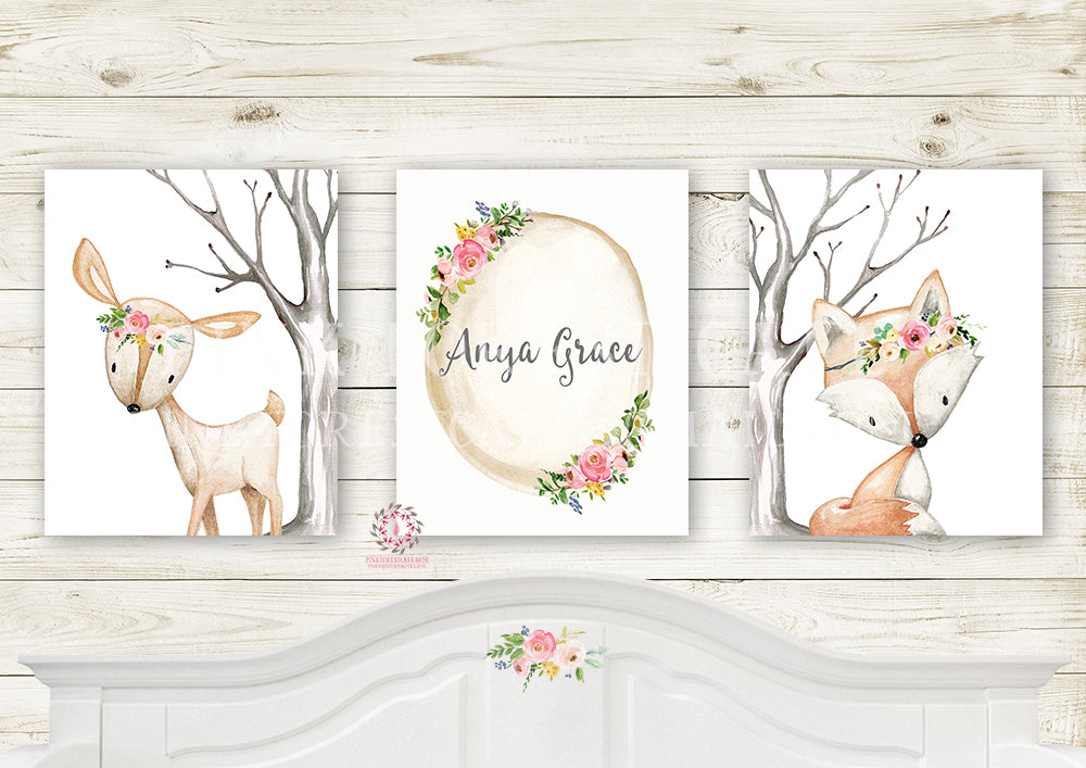 3 Deer Fox Personalized Baby Name Birth Stats Wall Art Print Printable Woodland Boho Nursery Baby Girl Room Set Lot Prints Decor