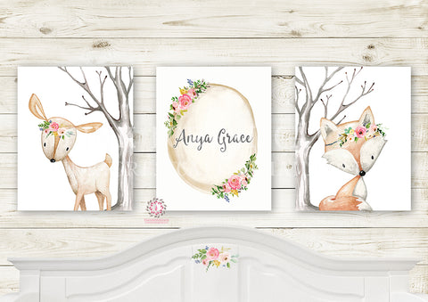 Deer Fox Boho Baby Name Wall Art Prints Nursery Woodland Girl Baby Kids Room Bedroom Decor Print Set Of 3