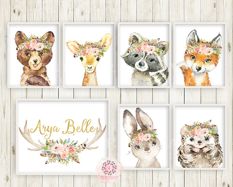 7 Boho Fox Bear Deer Bunny Wall Art Print + Antler Name Personalized Woodland Feather Nursery Baby Girl Room Hedgehog Raccoon Blush Floral Bohemian Watercolor Set Prints Printable Decor