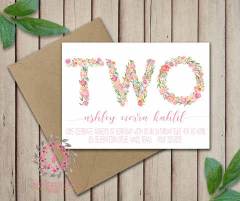 Baby Girl Second 2nd TWO Watercolor Floral Birthday Party Invitation Announcement Invite Printable Art Stationery Card