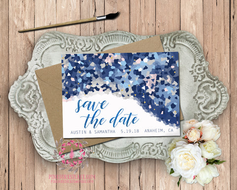 Modern Geometric Navy Blue Blush Gold Wedding Save The Date Invite Invitation Bridal Shower Urban Watercolor Printable Announcement