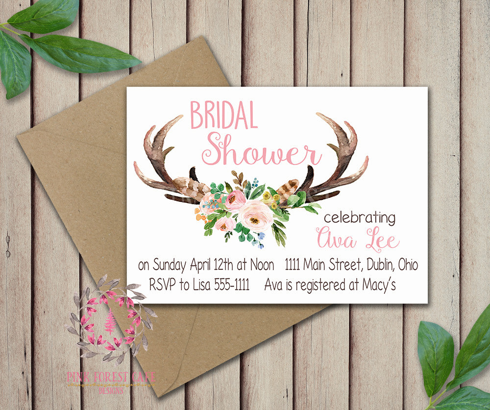 Baby Bridal Bride Shower Birthday Party Deer Antlers Wedding Invitation Save The Date Announcement Invite Feathers Tribal Woodland Watercolor Floral Rustic Printable Art Stationery Card