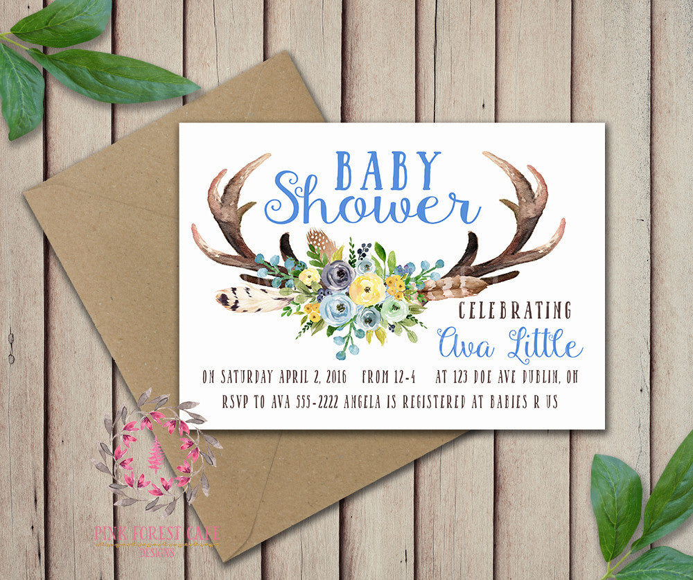 Baby Boy Invite Invitation Blue Antlers Shower Birthday Party Deer Wedding Bridal Save The Date Announcement Feathers Tribal Woodland Watercolor Floral Rustic Printable Art