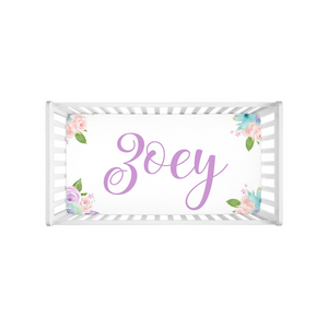 Personalized Baby Girl Name Nursery Crib Sheet Purple Feather Tribal