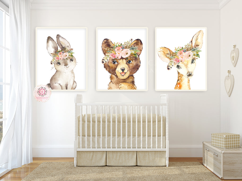 3 Boho Bear Deer Bunny Wall Art Print Woodland Feather Nursery Baby Girl Room Blush Floral Bohemian Watercolor Set Prints Printable Decor