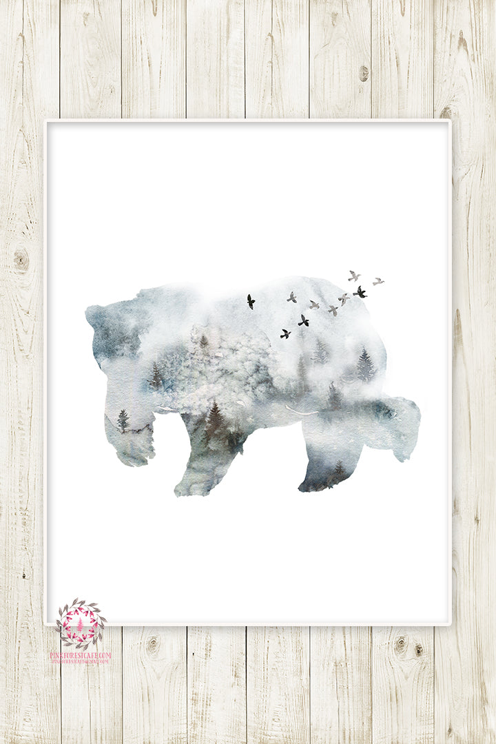 Woodland Bear Monochrome Nursery Wall Art Print Baby Boy Ethereal Watercolor Printable Decor