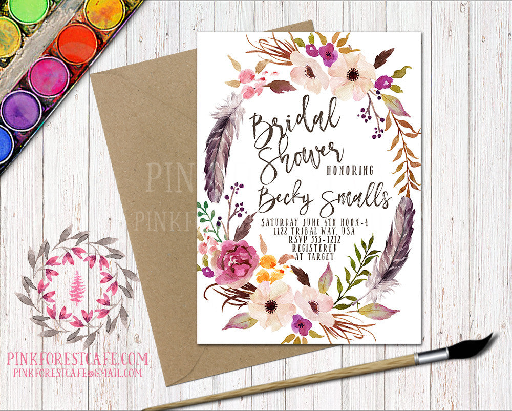 Boho Baby Bridal Shower Birthday Party Feather Tribal Printable Invitation Invite Announcement