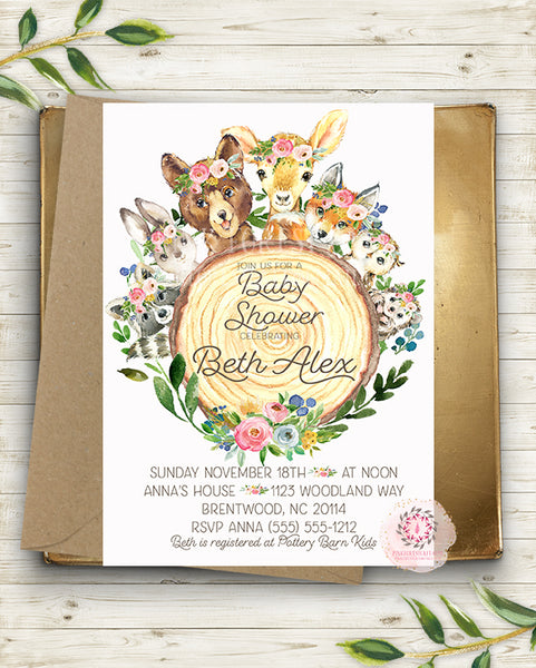 Woodland Deer Bear Bunny Fox Invite Invitation Baby Shower Boho Floral Watercolor Birth Announcement Printable