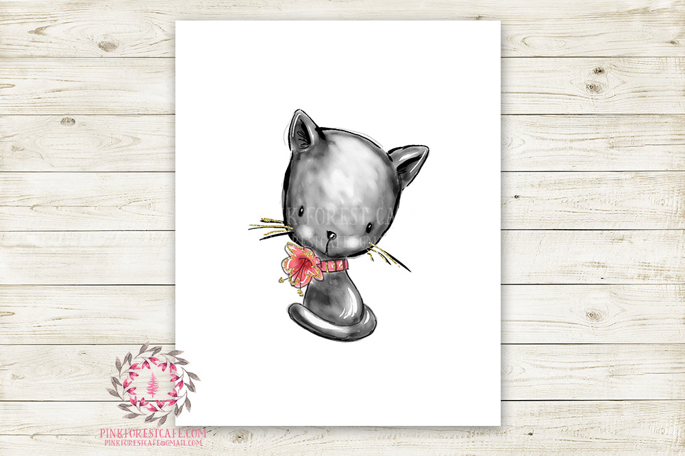 Black Cat Halloween Party Wall Art Print Printable Watercolor Decor