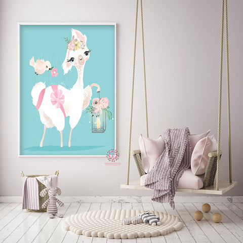 Ethereal Llama Baby Girl Nursery Wall Art Print Boho Alpaca Floral Kids Bedroom Room Limited Edition Printable Decor