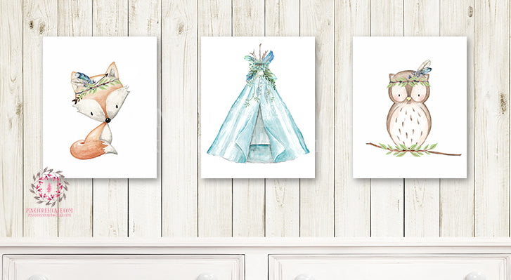 Fox Owl Blue Teepee Wall Art Print Feather Woodland Tribal Boho Nursery Baby Room Bohemian Printable Watercolor Decor