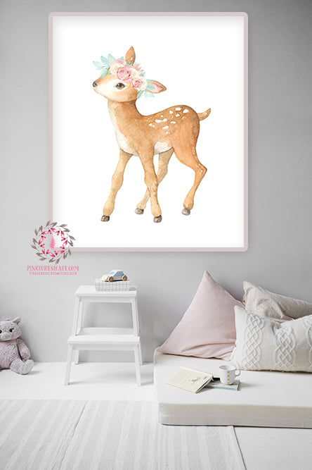 Deer Fawn Boho Wall Art Print Woodland Cream Blush Mint Bohemian Flora ...