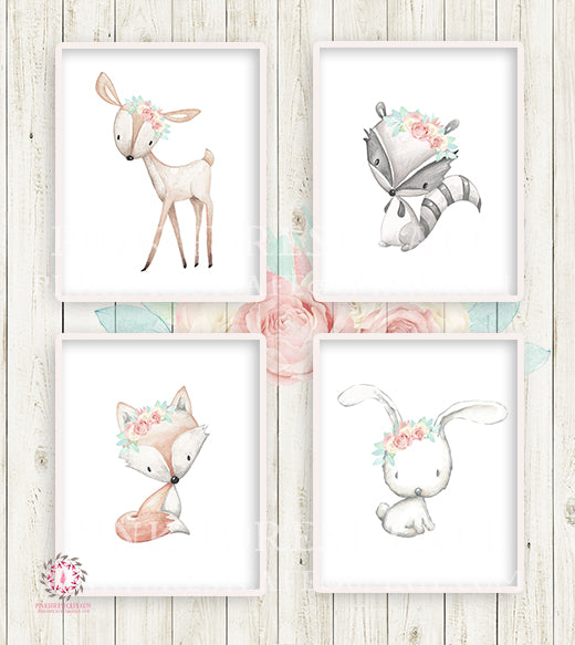 4 Deer Fox Bunny Rabbit Raccoon Boho Printable Print Wall Art Woodland Mint Blush Pink Bohemian Floral Nursery Baby Girl Room Set Lot Prints Decor