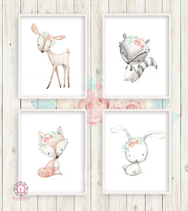 4 Deer Fox Bunny Rabbit Raccoon Boho Printable Print Wall Art Woodland Mint Blush Pink Bohemian Floral Nursery Baby Girl Room Set Lot Prints Decor