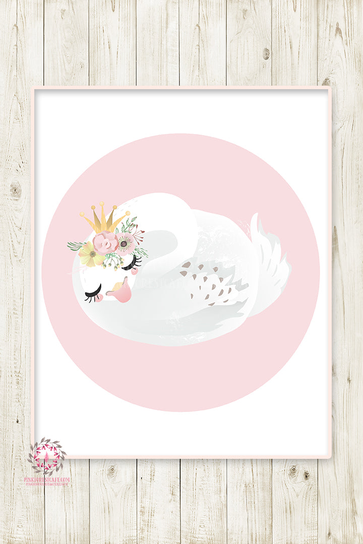 Boho Swan Baby Girl Nursery Wall Art Print Ethereal Pink Gold Crown Whimsical Bohemian Floral Minimalist Printable Decor