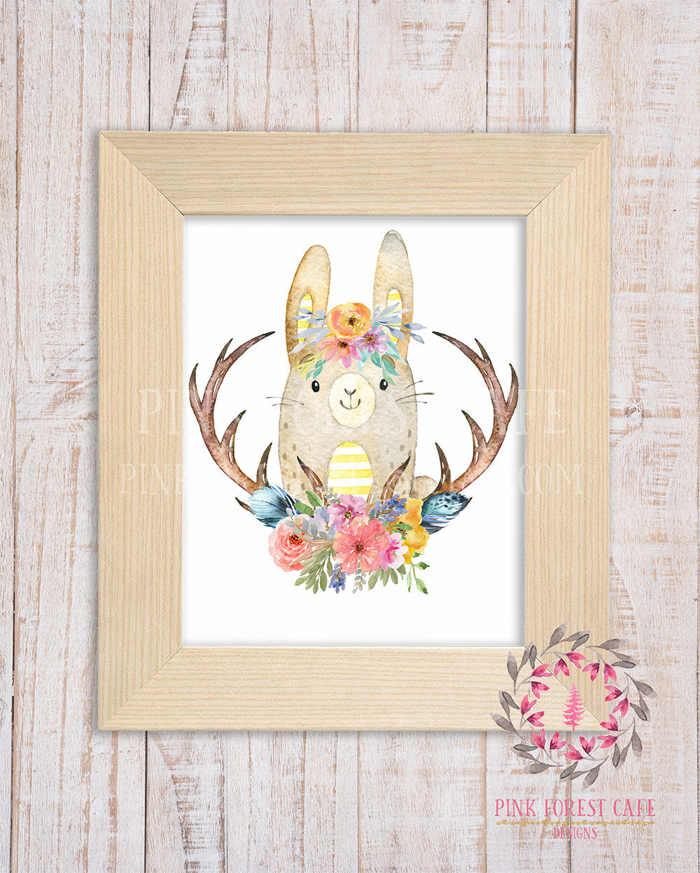 Woodland Bunny Rabbit Watercolor Boho Printable Wall Art Print Nursery Kids Room Decor