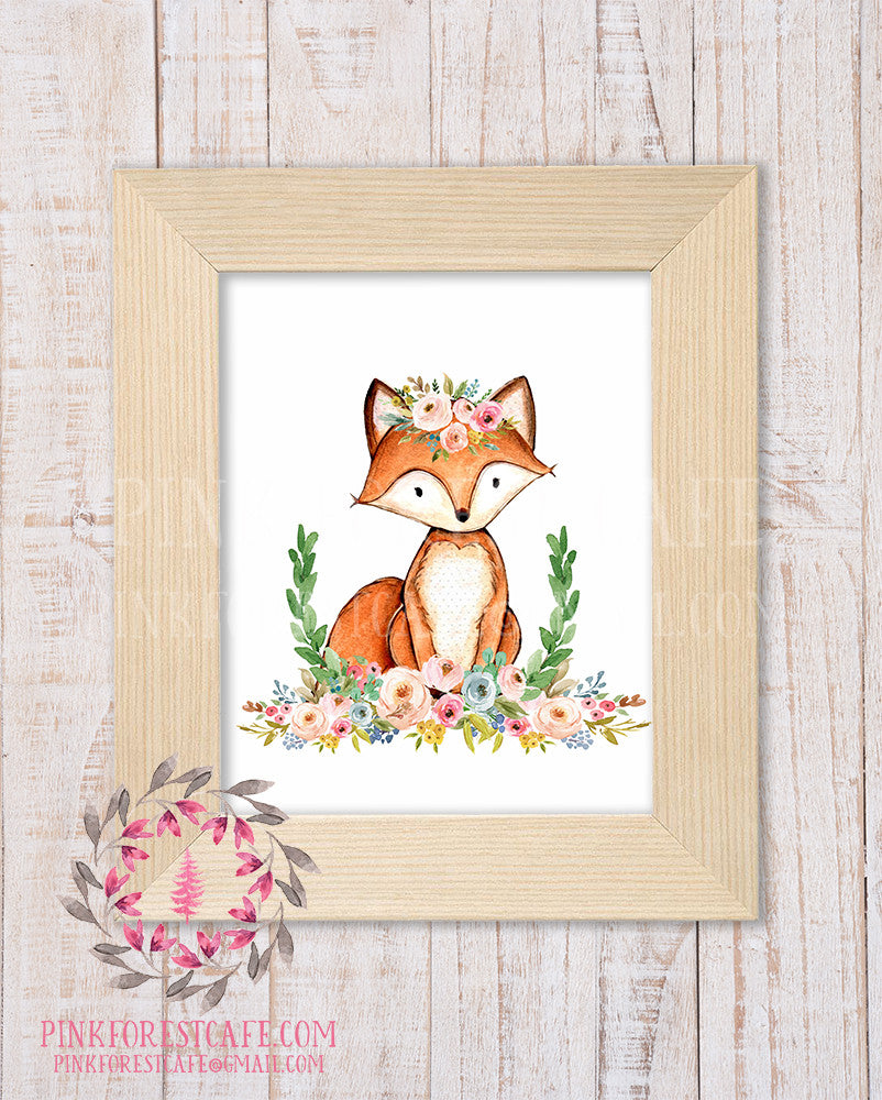 Fox Woodland Boho Wall Art Print Baby Girl Nursery Bohemian Garden Floral Room Playroom Printable Decor