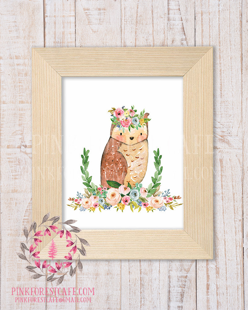 Wise Owl Woodland Boho Bohemian Garden Floral Nursery Baby Girl Room Playroom Prints Printable Print Wall Art Home Decor