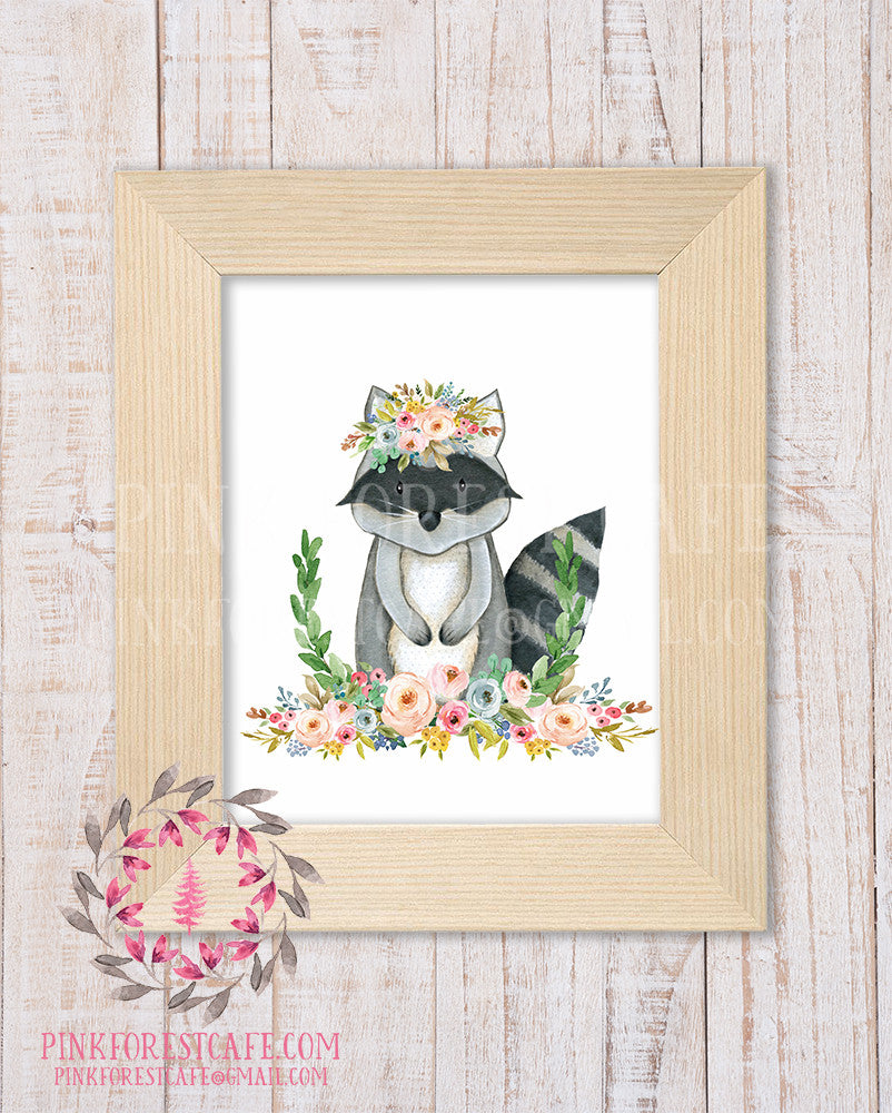 Raccoon Woodland Boho Bohemian Garden Floral Nursery Baby Girl Room Playroom Prints Printable Print Wall Art Home Decor