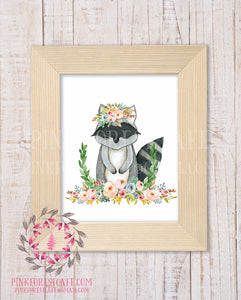 Raccoon Woodland Boho Bohemian Garden Floral Nursery Baby Girl Room Playroom Prints Printable Print Wall Art Home Decor