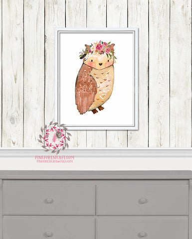 Owl Woodland Boho Bohemian Garden Floral Nursery Baby Girl Room Printable Print Wall Decor