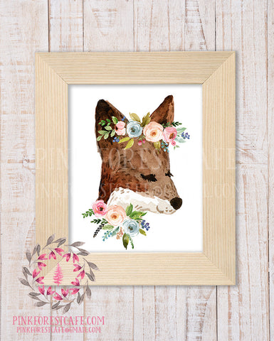 Fox Woodland Boho Nursery Decor Baby Girl Wall Art Watercolor Floral Printable Print