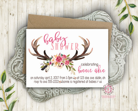 Baby Bridal Bride Shower Birthday Party Deer Antlers Wedding Invitation Save The Date Announcement Invite Feathers Tribal Woodland Watercolor Floral Rustic Printable Art Stationery Card