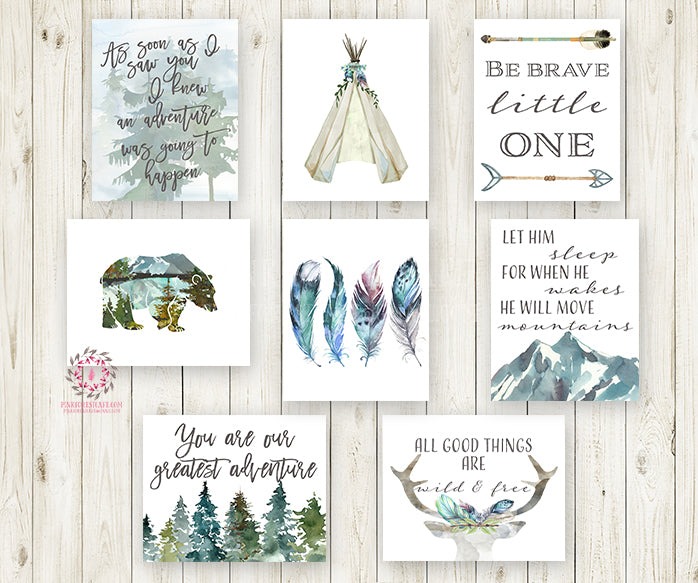 SALE Lot of 8 Woodland Boy Wall Art Prints Boho Nursery Baby Room Bear Child Arrow Be Brave Set Prints Bohemian Print Printable Home Decor