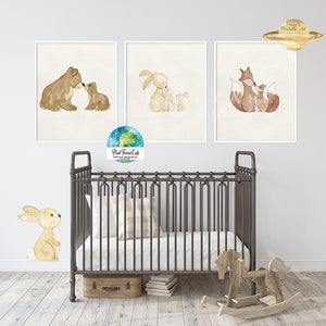3 Kissing Bunnies Bear Fox Bunny Rabbit Wall Art Print Watercolor Baby Nursery Woodland Exclusive Printable Decor
