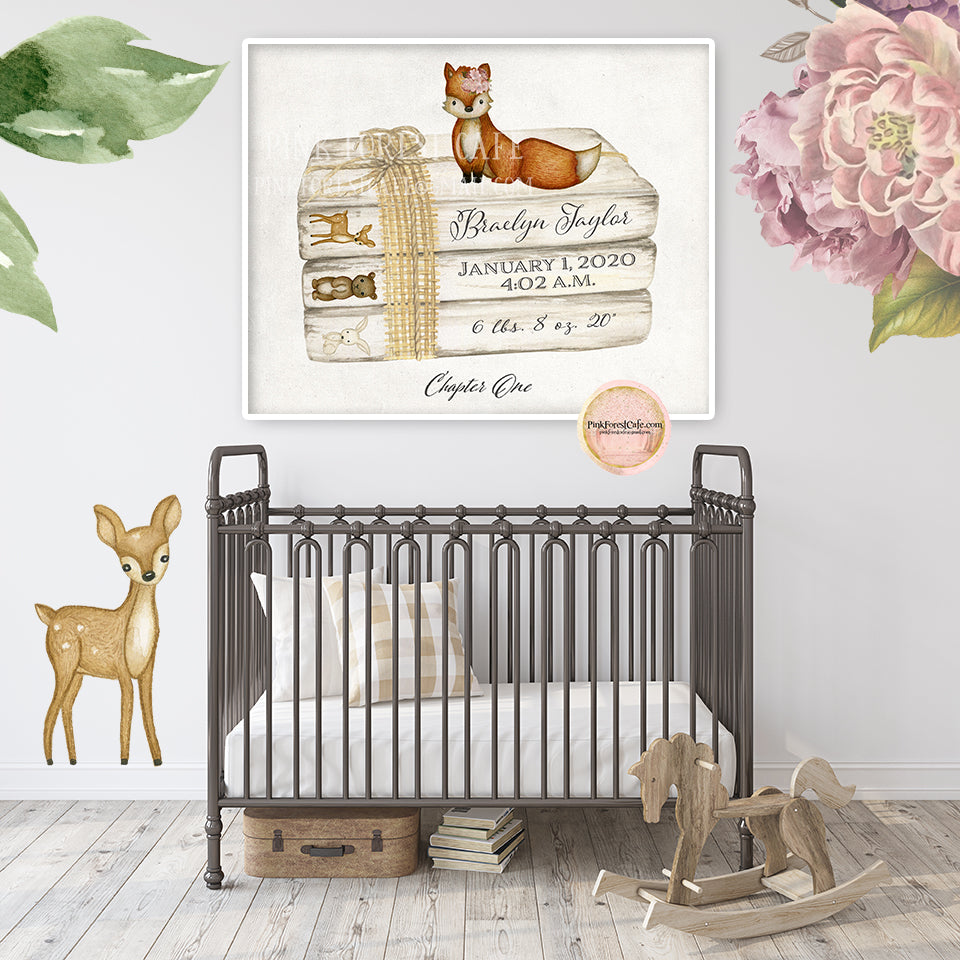 Woodland Bear Bunny Deer Fox Stacked Books Wall Art Print Birth Stats Baby Name Nursery Printable Decor