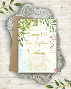 Botanical Greenery Wedding Ethereal Gold Invite Invitation Geometric Floral Bridal Shower Save The Date Watercolor Leaves Printable Announcement