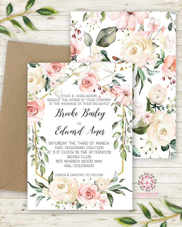 Modern Geometric Gold Rose Blush Wedding Invite Invitation 2 Sided Floral Pink Cream Ivory Watercolor Printable Announcement