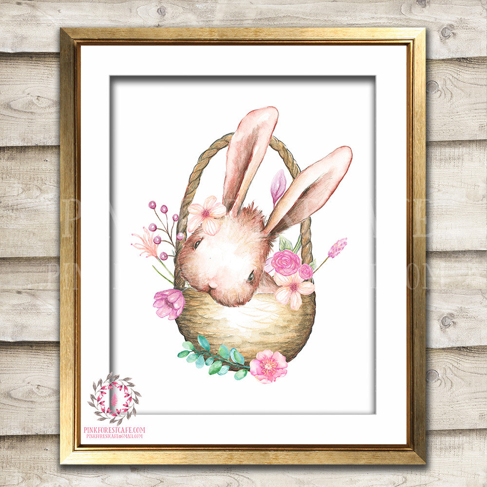 Boho Bohemian Bunny Rabbit In A Basket Woodland Printable Wall Art Print Garden Floral Nursery Baby Girl Room Decor