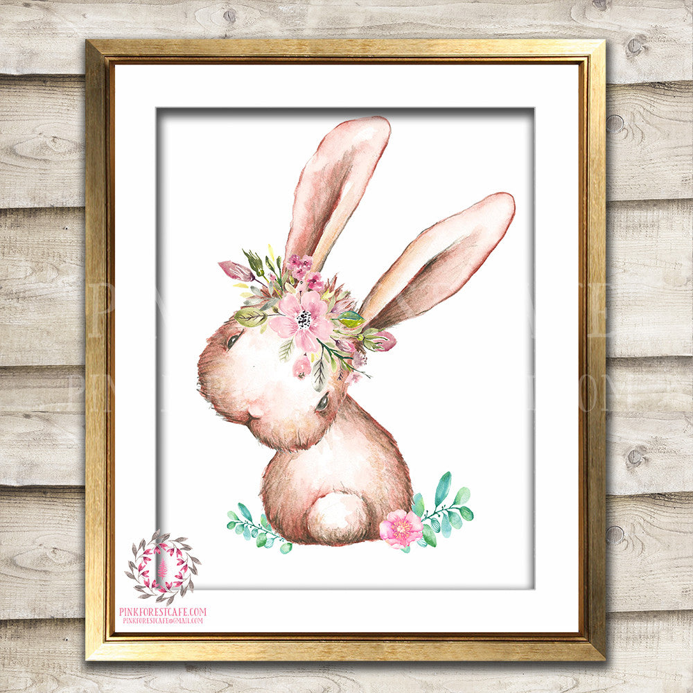 Boho Bohemian Bunny Rabbit In A Basket Woodland Printable Wall Art Print Garden Floral Nursery Baby Girl Room Decor