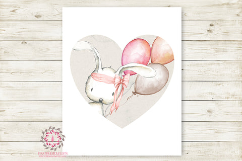 Bunny Rabbit Wall Art Print Woodland Boho Balloon Heart Bohemian Nursery Baby Girl Room Printable Decor