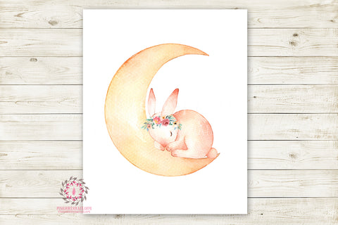 Bunny Rabbit Moon Boho Woodland Wall Art Print Baby Nursery Kids Room Watercolor Printable Decor