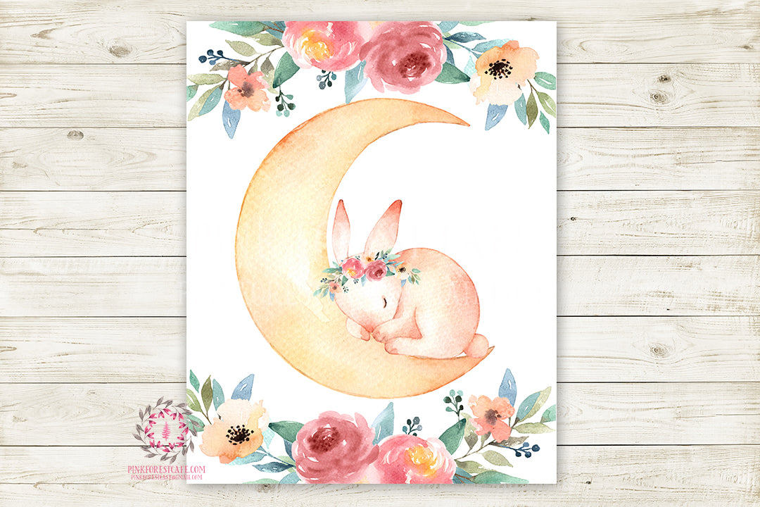 Bunny Rabbit Moon Boho Woodland Wall Art Print Baby Nursery Kids Room Watercolor Printable Decor