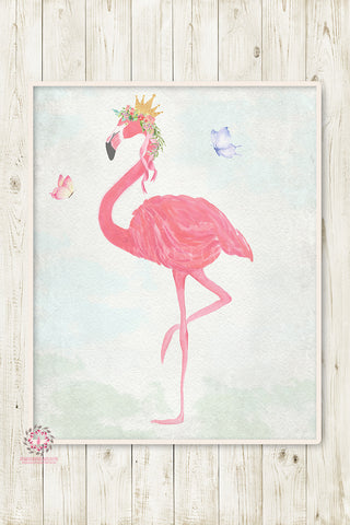 Pink Flamingo Butterfly Baby Girl Nursery Wall Art Print Pink Gold Crown Ethereal Whimsical Bohemian Floral Printable Decor