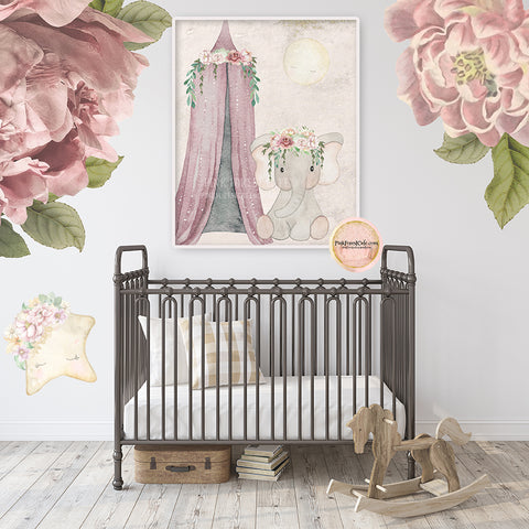 Elephant Wall Art Print Nursery Canopy Mauve Baby Girl Whimsical Zoo Safari Watercolor Animal Printable Decor