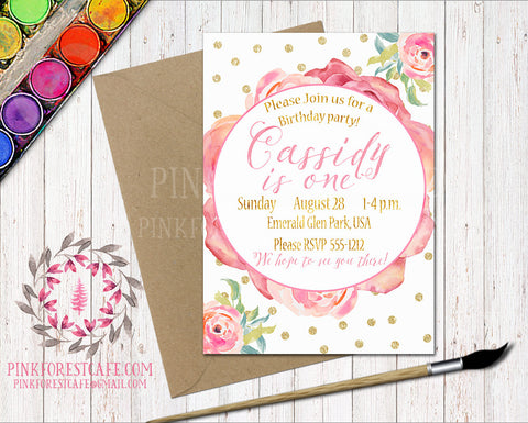 Pink Gold Rose Baby Bridal Shower Birthday Party Wedding Printable Invitation Invite Announcement