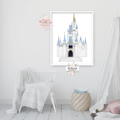 Princess Disneyworld Castle Wall Art Print Cinderella Nursery Room Playroom Watercolor Printable Decor