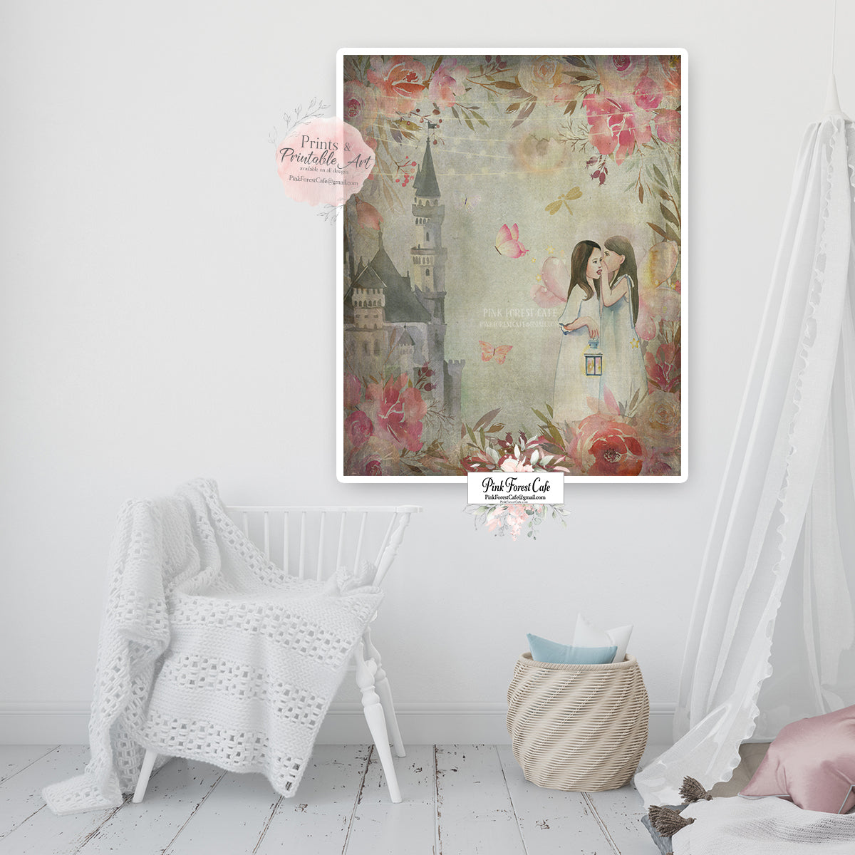 Ethereal Fairy Castle Baby Girl Nursery Wall Art Print Ethereal Watercolor Printable Decor