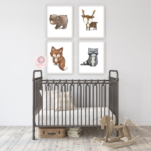 SALE 4 Woodland Deer Fox Bear Raccoon Wall Art Print Nursery Baby Boy Girl Room Set Lot Prints Printable Decor