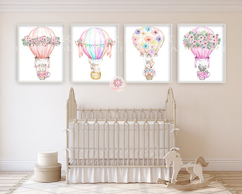 4 Hot Air Balloon Wall Art Print Bunny Fox Deer Raccoon Floral Tea Party Cup Nursery Baby Girl Woodland Room Printable Bohemian Decor