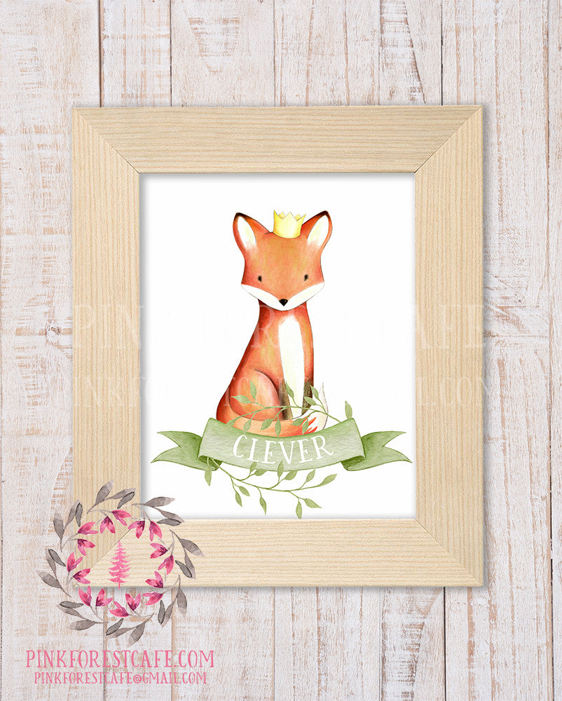 Clever Fox Watercolor Baby Boy Crown Woodland Printable Wall Art Nursery Home Decor