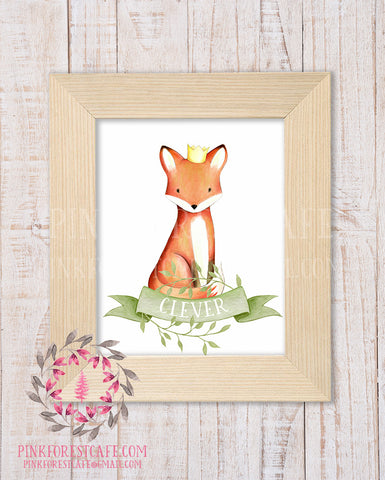 Clever Fox Watercolor Baby Boy Crown Woodland Printable Wall Art Nursery Home Decor