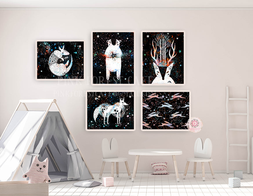 5 Cosmic Space Bear Deer Fox Bunny Wall Art Print Nursery Baby Boy Stars Constellation Prints Printable Decor