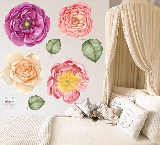 7 Peony Floral Leaves Wall Decal Flower Sticker Jewel Pink Rose Flowers Boho Decor