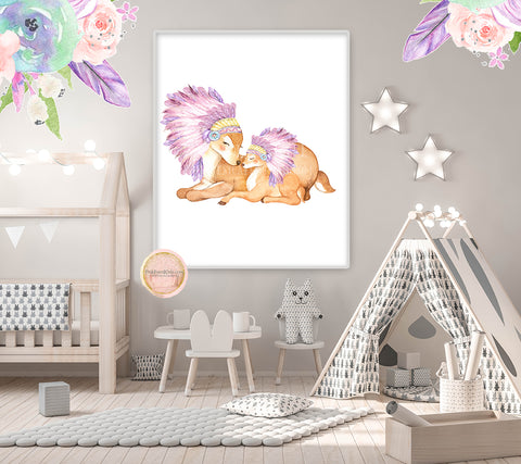 Headdress Feather Tribal Deer Wall Art Print Baby Girl Nursery Pink Purple Boho Animal Watercolor Printable Decor