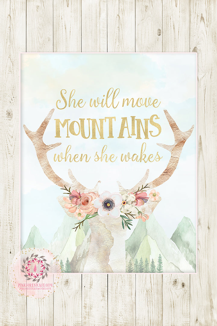 Boho Gold She Will Move Mountains When She Wakes Wall Art Print Deer Antlers Girl Nursery Baby Room Printable Decor